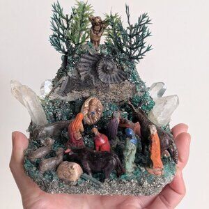 Nativity Scene in Natural Colombian Emeralds, Pyrite, Quartz and Ammonite Fossil